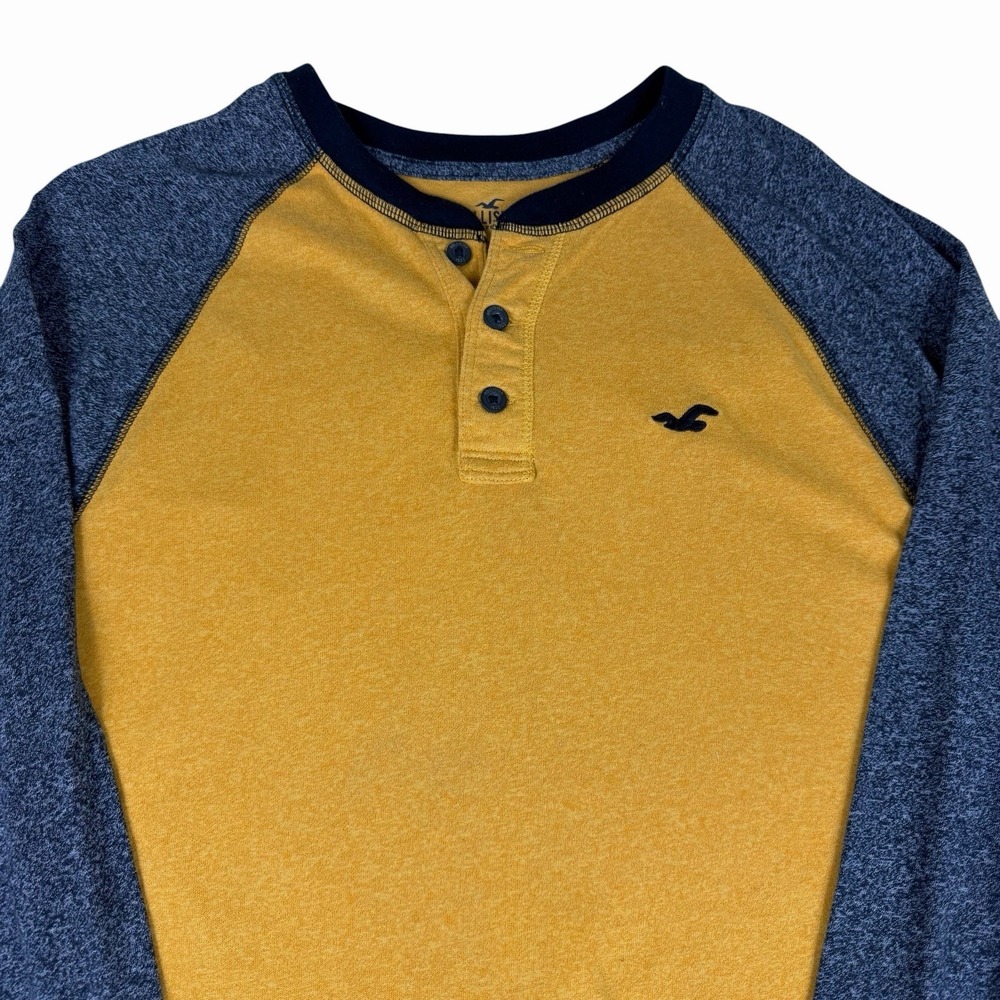 Hollister Men's Long Sleeve Henley Shirt Size Large‎ Yellow Gold Blue Y2K Style